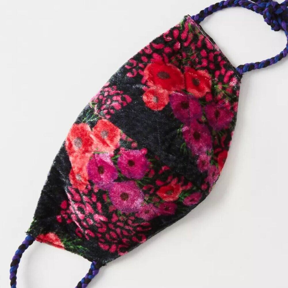 NWT Roopa Pemmaraju Anthropologie Black Floral Velvet Tie Back Face Mask